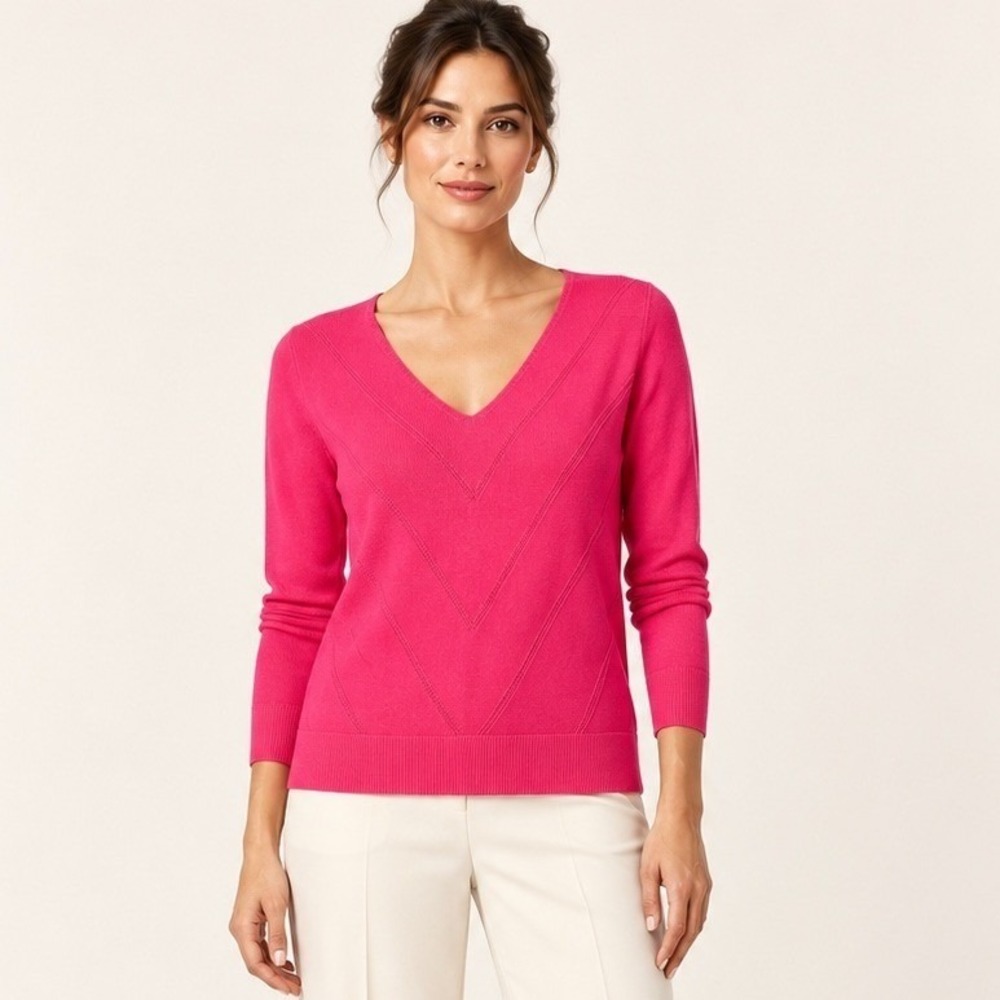 Banana Republic Womens V-Neck Sweater XS Pink Chevron Knit Pullover Barbiecore